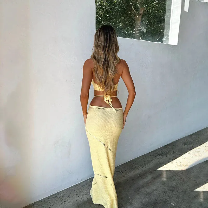 Yellow Knitted Beach Dress Women Fashion Halter Hollow Out Slim Long Dresses Summer Sexy Backless Holiday Party Outfits