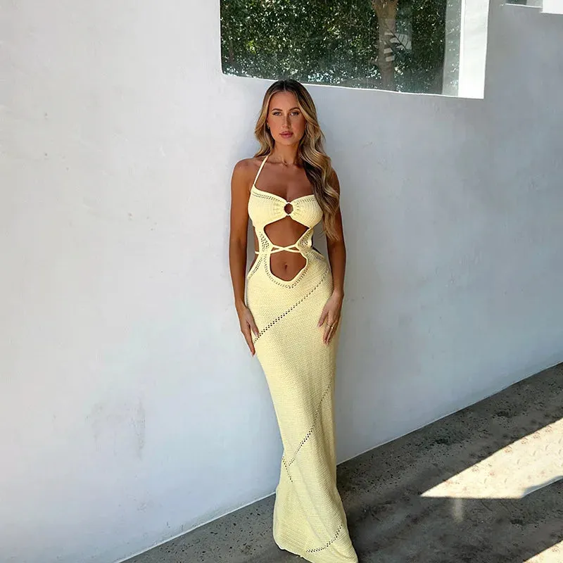 Yellow Knitted Beach Dress Women Fashion Halter Hollow Out Slim Long Dresses Summer Sexy Backless Holiday Party Outfits