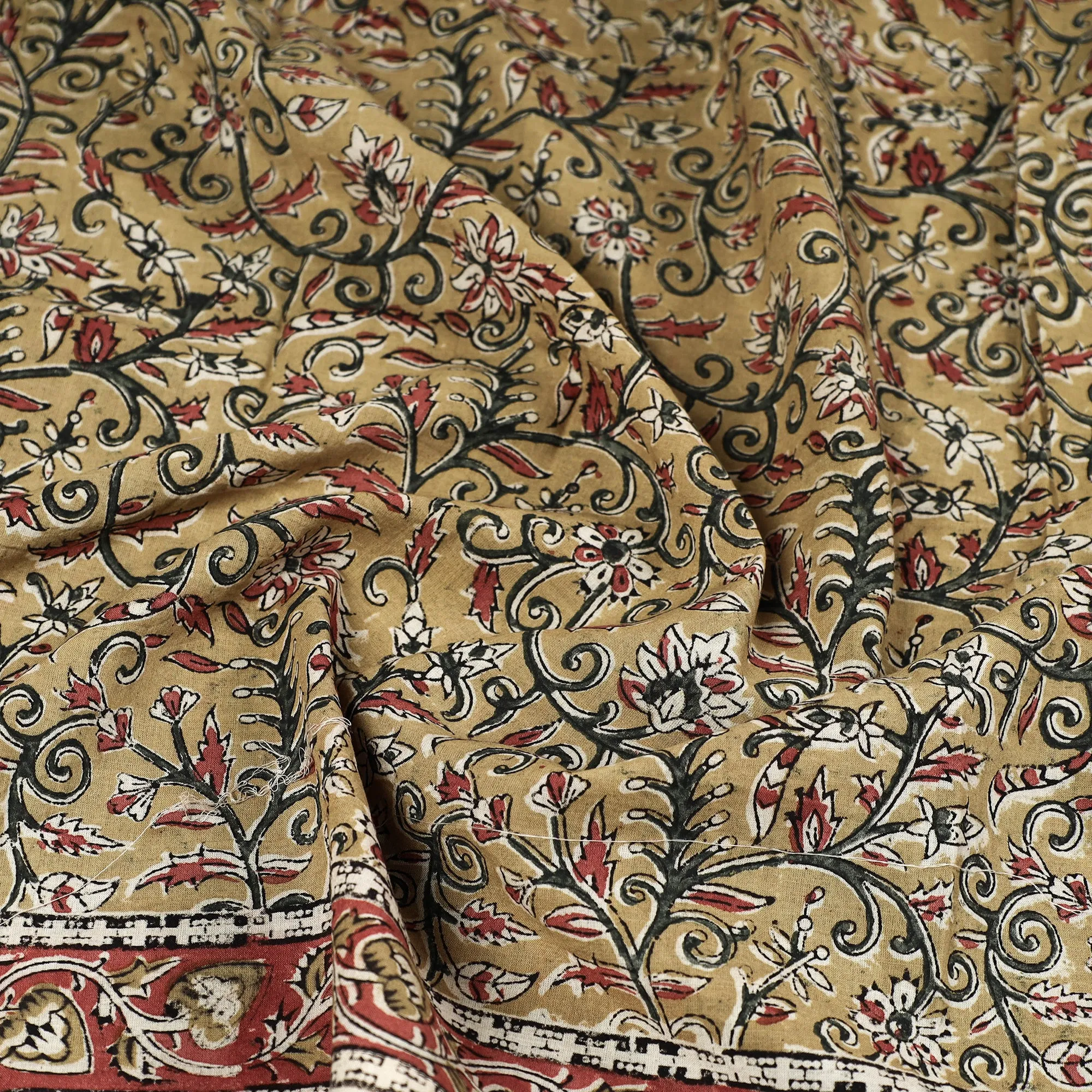 Yellow - Pedana Kalamkari Block Printed Natural Dyed Cotton Scarf 31