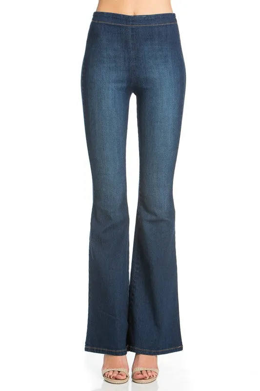 zipper back faded denim flare Jeans